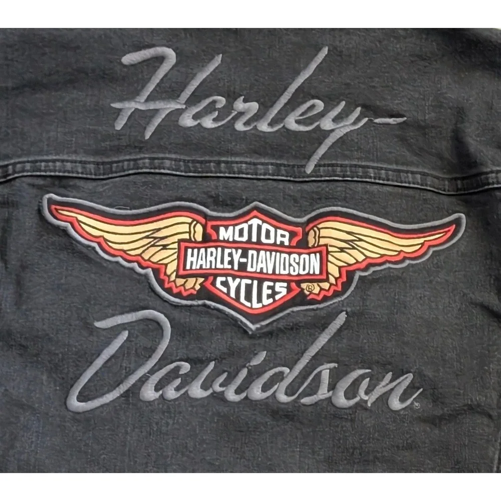 Harley Davidson Black Denim Trucker Jacket Women 2X Embroidered Wings Patch - Picture 4 of 10